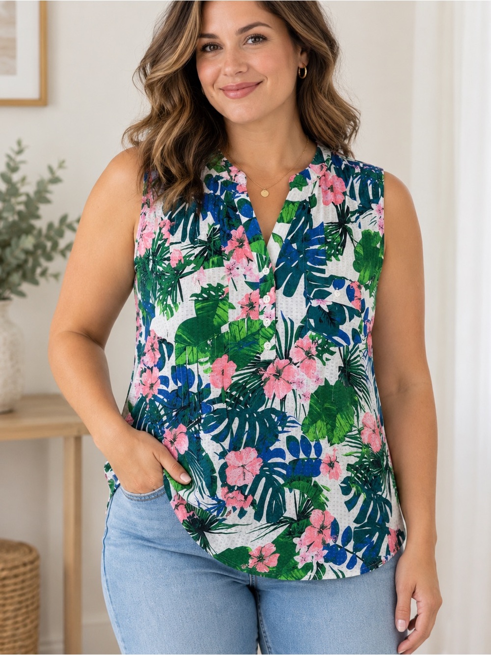 Coral Bay Tropical Floral Sleeveless Split Neck Top Large